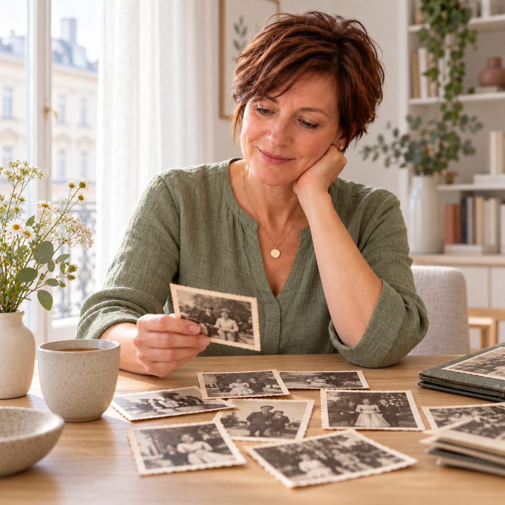 Frau betrachtet alte Familienfotos und denkt über wiederkehrende Muster nach