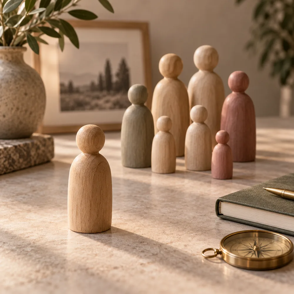 Holzfiguren als Symbol für Familienaufstellung und Unternehmensmuster